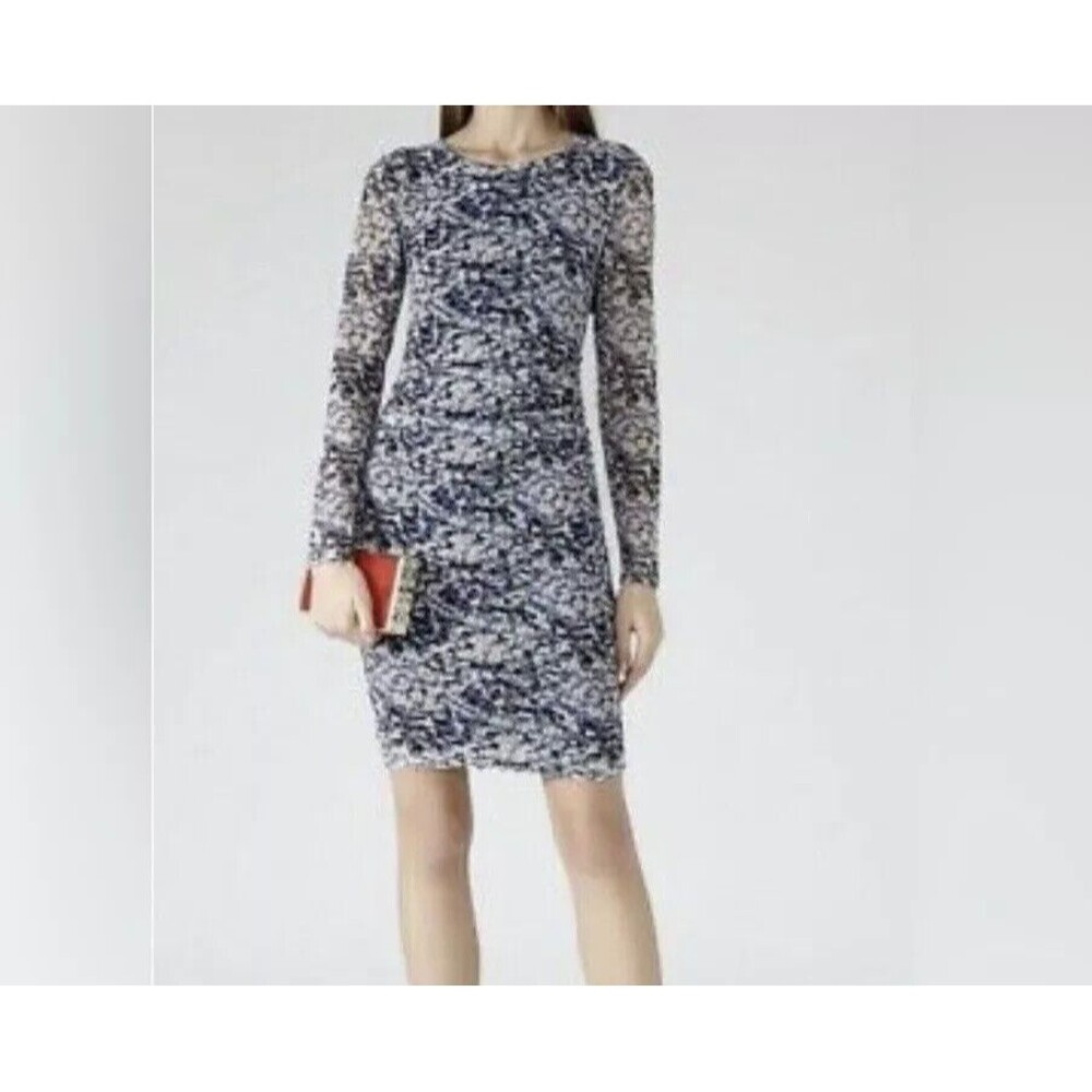 REISS Womens Dress Size 8 Blue Pullover Sheath Ruched Mesh Stretch Knit FOX